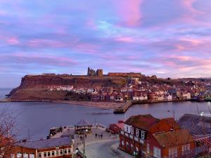 a city with a castle on top of a hill at Honeyz Hideaway in Whitby