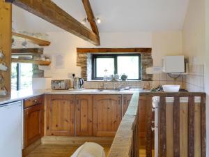a kitchen with wooden cabinets and a sink at Woodland View-uk11826 in Llandefaelogfâch