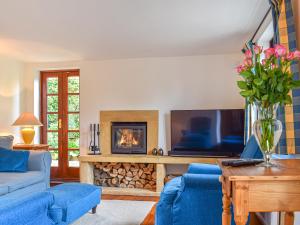 a living room with a blue couch and a fireplace at Honeysuckle Cottage in Mickleton