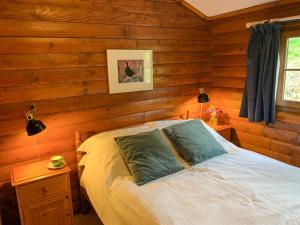 a bedroom with a bed in a wooden wall at Squirrel View in Newtonmore