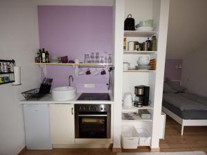 a small kitchen with a sink and a stove at Cottage in Germany with Sun Terrace & BBQ in Berlingen