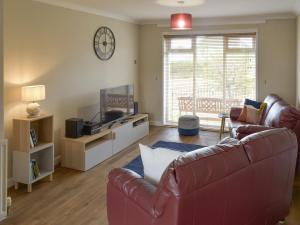 a living room with a couch and a television at Haven View in Berwick-Upon-Tweed