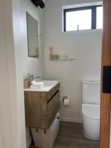 ein Badezimmer mit einem Waschbecken, einem WC und einem Spiegel in der Unterkunft Views on Florence in Queenstown