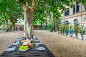 ペズナにあるUltimate Relaxation for Family or Group at Renowned Couvent des Ursulines, a Tranquil Escape in Historic Pézenasのピクニックテーブル(ワイングラスとブドウ付)