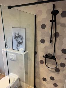 a bathroom with a toilet and a glass shower stall at Ultiem ontspannen in compleet ingericht tiny house in bosrijke omgeving in Nunspeet