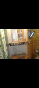 La salle de bains est pourvue d'un lavabo en verre. dans l'établissement T2 vue sur Ocean Indien, à Saint-Leu