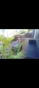 un patio con una mesa de picnic y algunas plantas en T2 vue sur Ocean Indien en Saint-Leu