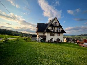 ブコビナ・タトシャンスカにあるPokoje u Hani - sauna, balia z hydromasażemの緑の芝生のある丘の上の家
