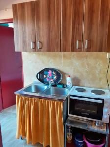 a kitchen with a sink and a stove at Apartmani Miholjska prevlaka in Tivat