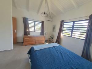 una camera con un letto blu e due finestre di Totéki a Willemstad