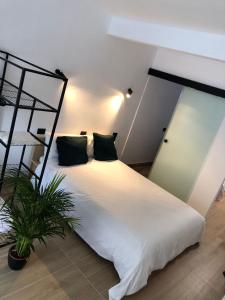a bedroom with a white bed with black posts and a plant at Tu apartamento en vacaciones in Puerto de la Cruz