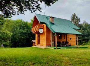 a log cabin with a green roof in a field at Vikend kuća Đoković - Jahorina in Pale