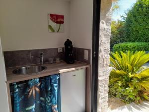 - une cuisine avec un évier et un comptoir dans l'établissement le jardin, à Montélimar