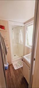 a small bathroom with a shower and a sink at Chez Laure , Odalys l Elysée in Le Grau-du-Roi