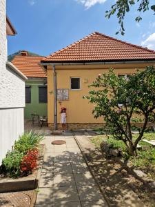 Sunny Town House في براشوف: امرأة تقف في فناء المنزل