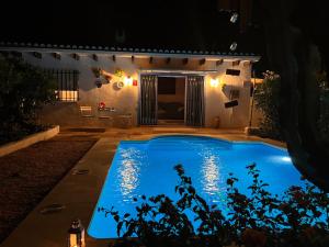 een zwembad voor een huis 's nachts bij Casa Pipa Alhaurín el Grande - vrijstaande casita met privé zwembad en grote tuin in Málaga