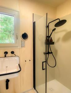 ein Bad mit einer Dusche und einem Waschbecken in der Unterkunft Le repaire des impressionnistes in Amenucourt
