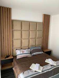 1 dormitorio con 1 cama grande y 2 almohadas en Apartman NS Zlatibor en Zlatibor
