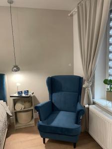niebieskim krzesłem w pokoju z oknem w obiekcie A.S.Apartament B Okrzei 4 w Olsztynie
