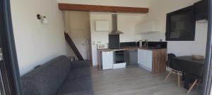 a living room with a couch and a kitchen at LE REFUGE DES CASCADES in Vernet-les-Bains