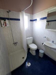 a bathroom with a toilet and a tub and a sink at ELVAJO Apartment in Zakharo