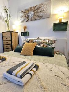 a bedroom with a bed with a blanket on it at Gite "RIO", parking securise in La Roche-sur-Yon