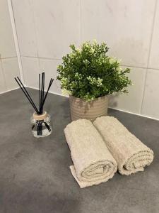 duas toalhas e um vaso de planta num balcão em Mar à vista - Seaview apartment em Ericeira