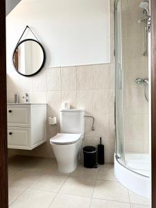 a bathroom with a toilet and a sink and a mirror at Harmony Park 