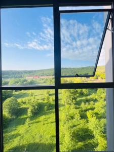 a view from a window of a green field at Kechi House Retreat in Tsaghkadzor in Tsaghkadzor