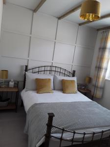 1 dormitorio con 1 cama grande con almohadas amarillas en The Lodge guesthouse, en Brittas