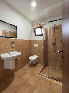 a bathroom with a toilet and a sink and a shower at Kuria Bzenica in Bzenica