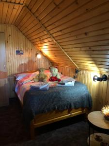 2 ours en peluche assis sur un lit dans une pièce dans l'établissement Inchirieri cabana- “Chalet Rustique”, à Covasna