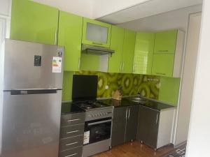 a kitchen with green cabinets and a stainless steel appliance at Euroasia in Samarkand