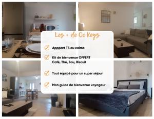 a collage of pictures of a living room with a sign at Appartement Cosy T3 Oc Keys in Limoux