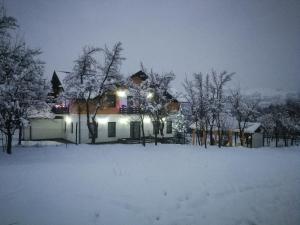 a house in the snow at night with lights at Cabana Maramures Landscape in Moisei