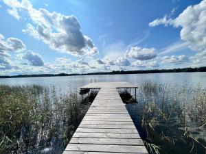 RimėnaiにあるKaimukas - namelis prie ežero dviemsの雲の多い湖の木造桟橋