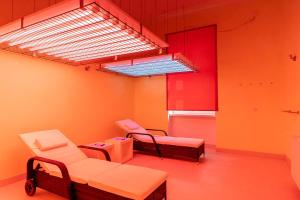 a room with orange walls and chairs and a skylight at Gutshaus Groß Helle in Mölln