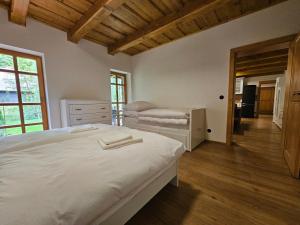 1 dormitorio con 1 cama blanca grande y vestidor en Apartmány Jezerné en Velké Karlovice