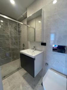 伊斯坦堡的住宿－Luxurious 3-Bedroom Apartment with Panoramic Views，一间带水槽、淋浴和卫生间的浴室