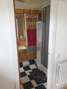 uma casa de banho com piso em xadrez e um lavatório em Cozy Hideaway - Rustic Charm & Outdoor Adventure 1 em Hornsyld