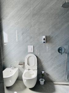 Łazienka z białą toaletą i umywalką w obiekcie Hotel Villa Ferrari w Tiranie