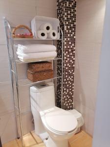 baño con aseo y toallas en un estante en Encantadoras Habitaciones Privadas Del Valle, en Ciudad de México