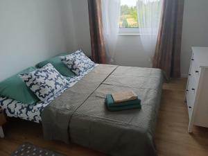 um quarto com uma cama com almofadas e uma janela em Oława Chabrów em Olawa