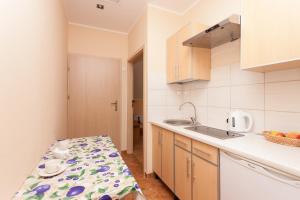 a small kitchen with a table and a sink at Dom noclegowy „POD MNICHEM” in Wambierzyce