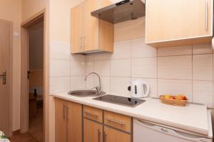 a kitchen with a sink and a bowl of fruit on the counter at Dom noclegowy „POD MNICHEM” in Wambierzyce