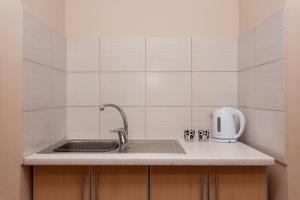 a kitchen counter with a sink and a coffee maker at Dom noclegowy „POD MNICHEM” in Wambierzyce