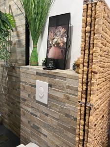 Habitación con TV en una pared de ladrillo en Appartement entre village et plages., en Saint-Cyr-sur-Mer