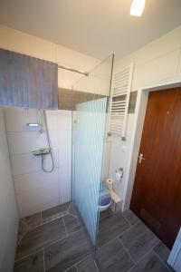 ein Bad mit einer Glasdusche und einem WC in der Unterkunft Ferien und Monteurwohnung in Bad Berneck im Fichtelgebirge