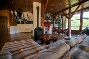 a living room with a couch and a fireplace at Salo I Mandry Apartment in Rakhiv