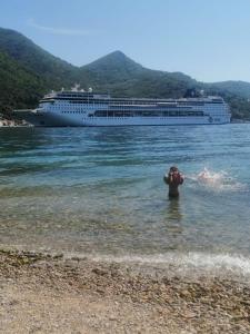 una persona que tome una foto de un crucero en el agua en Perfect Place - Djenovici, en Herceg-Novi